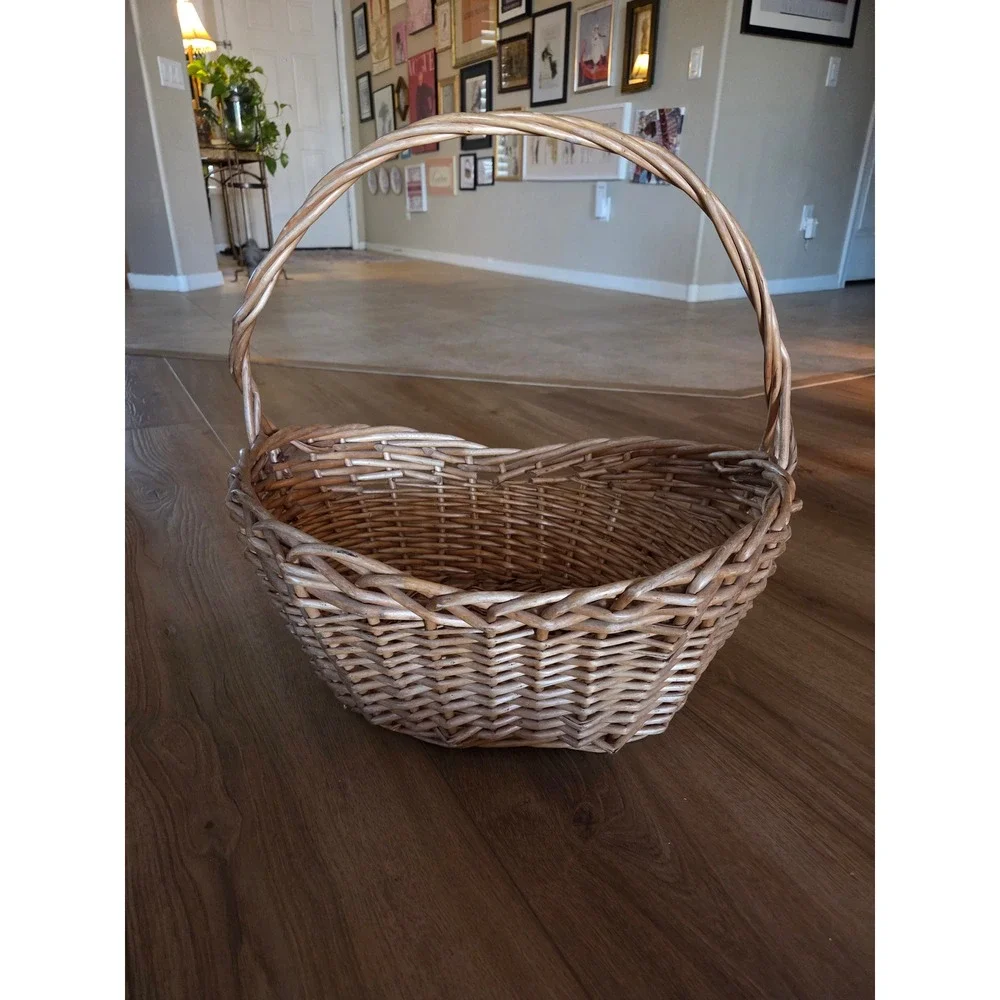Vintage Handwoven Wicker Garden Gathering Basket Oval Willow Harvest Honey Brown